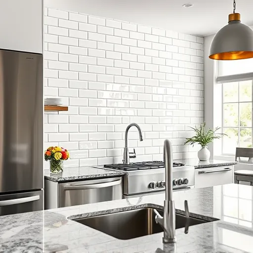 Modern kitchen with glossy ceramic backsplash, granite countertop, stainless steel fixtures, and bright daylight.
