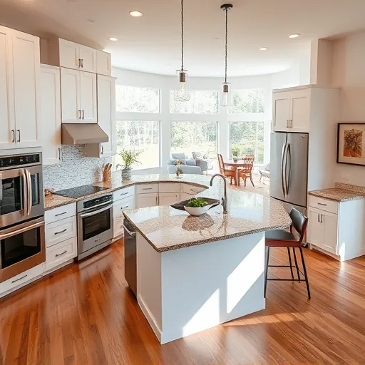 Remodeled modern kitchen in Richland Hills TX with white cabinetry stainless steel appliances granite island hardwood flooring and large windows