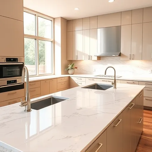 Modern kitchen in Fort Worth TX with natural wood cabinets quartz countertops stainless steel appliances and landscaped backyard