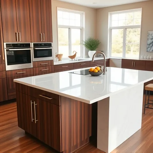 Modern kitchen pantry with sleek wooden cabinets, organized jars, fresh produce, bright natural light, and stylish decor