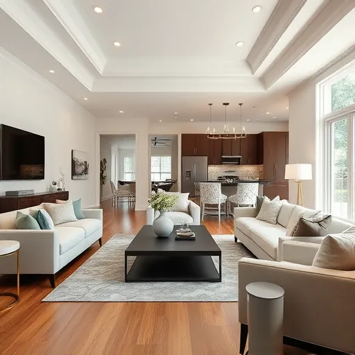 Renovated River Oaks TX living room with modern furniture, natural light, hardwood floors and elegant decor accents.