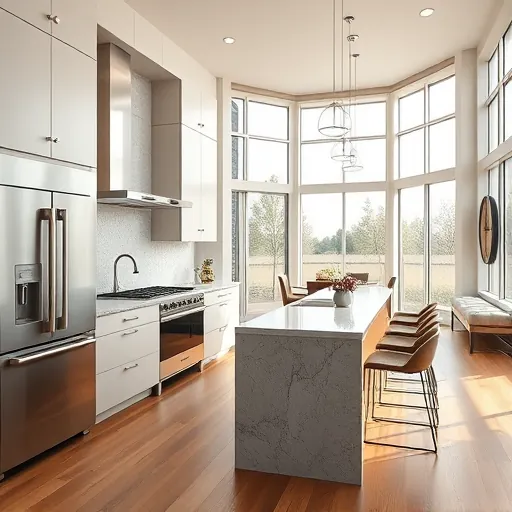 Modern kitchen remodel in Haslet, TX features sleek cabinetry, quartz countertops, stainless appliances, and natural lighting.
