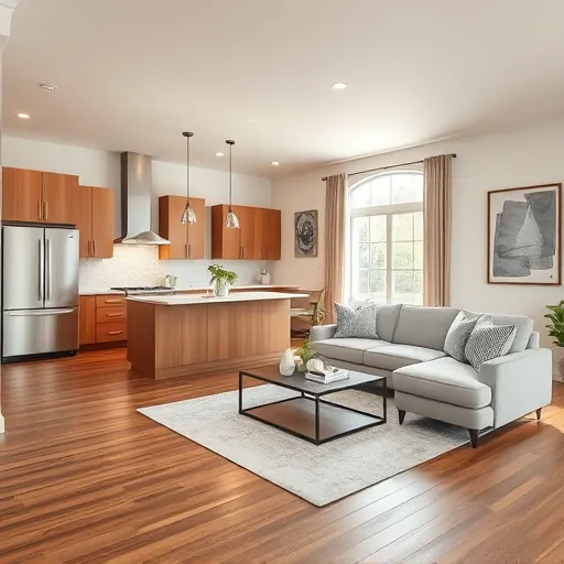 Modern open-concept kitchen and living area in Arlington TX with warm cabinetry, stainless appliances, and natural light.