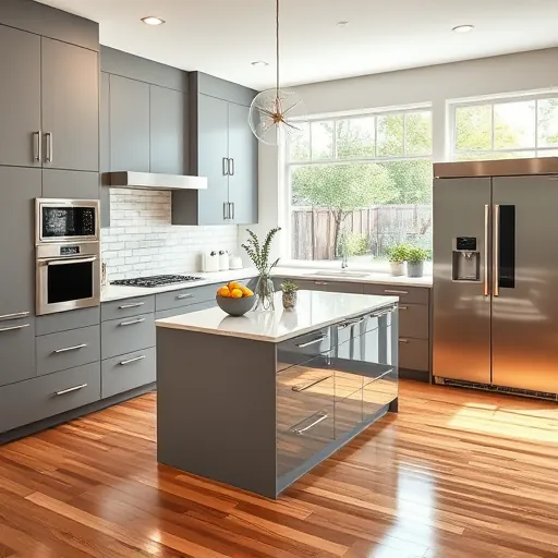 Modern Trophy Club kitchen with matte cabinetry, quartz countertops, stainless steel appliances, hardwood floors, and lush backyard view
