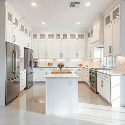 Finished Southlake TX kitchen with quartz countertops stainless steel appliances white custom cabinetry wooden bar island geometric backsplash natural light gray tile flooring