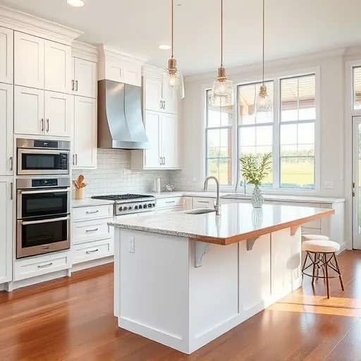 Modern kitchen remodel in Blue Mound TX with granite countertops, stainless steel appliances, large island, white cabinets, subway tile backsplash, hardwood floors, pendant lighting, and natural light