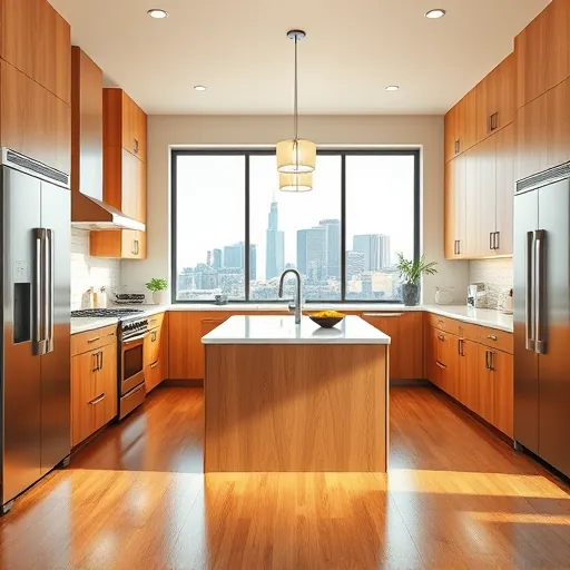 Modern kitchen remodel in Fort Worth with natural wood cabinets, stainless steel appliances, quartz countertops, and skyline view.