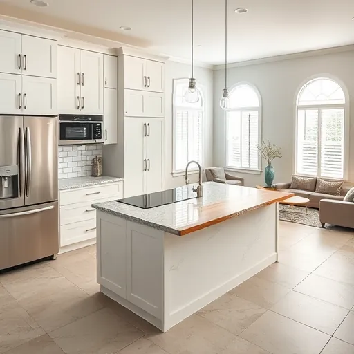 Recently remodeled kitchen in White Settlement TX with sleek white cabinets, granite countertops, and modern appliances.