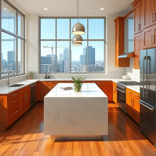 Modern kitchen remodel in Fort Worth featuring navy cabinetry, stainless steel appliances, quartz countertops, and hardwood flooring.