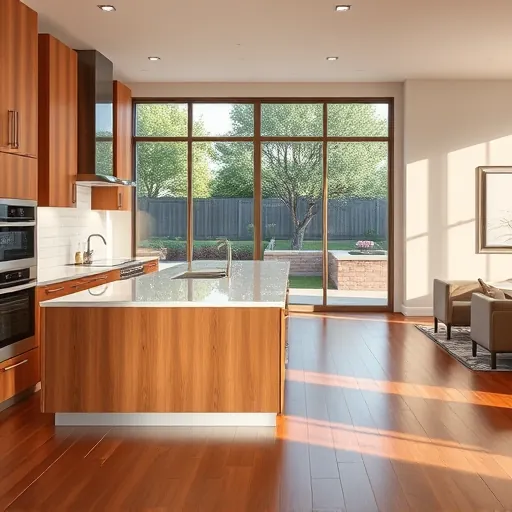 Modern kitchen remodel in Grand Prairie TX featuring sleek handleless wood cabinets quartz countertops polished hardwood floors large windows with outdoor views subway tile backsplash LED lighting