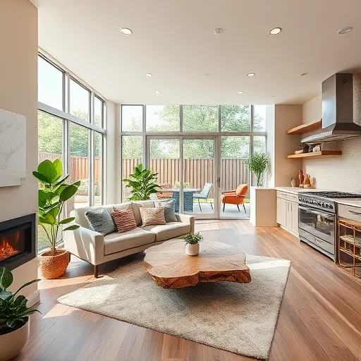 Modern living room in Edgecliff Village with open-concept kitchen, large windows, eco-friendly decor, and inviting ambiance.