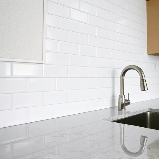 Completed sleek ceramic herringbone backsplash installation in Fort Worth kitchen with glossy finish and subtle grout lines