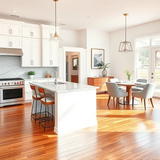 Home remodeling in Arlington TX features a stunning kitchen with granite countertops, modern cabinetry, and a cozy dining area.