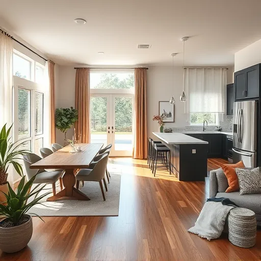 Modern living space in Benbrook TX with open floor plan, quartz kitchen, cozy dining area, and natural light.