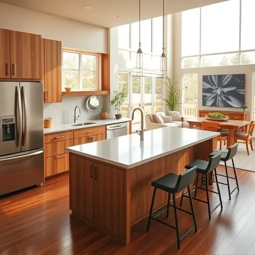 Renovated Mansfield TX kitchen with modern design, stainless steel appliances, quartz island, warm wood cabinets, natural light