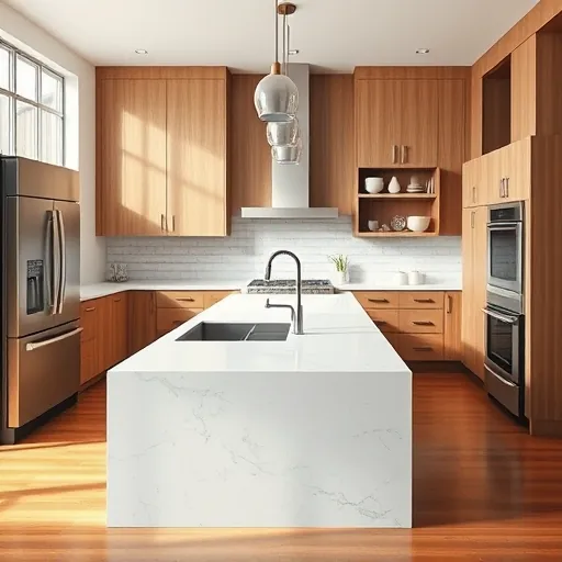 Modern kitchen remodel in Fort Worth TX featuring marble countertops, hardwood cabinetry, and stainless steel appliances.