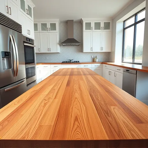 Freshly installed polished granite kitchen island countertop with natural patterns, vibrant colors, in a modern, well-lit open-concept kitchen