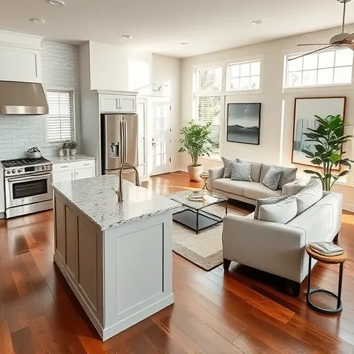 Beautifully renovated kitchen and living area in Haslet TX with sleek appliances, granite countertops, and modern decor.