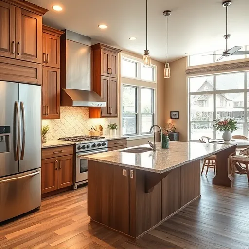 Recently renovated Burleson TX kitchen with natural wood cabinets stainless steel appliances granite island and modern lighting