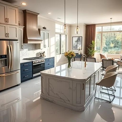 Modern kitchen renovation in Fort Worth TX features sleek appliances, marble island, and elegant cabinetry with natural light.