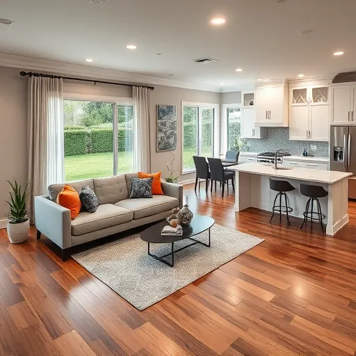 Modern home remodeling in Blue Mound TX featuring an open-concept living area with sleek decor and vibrant accents.