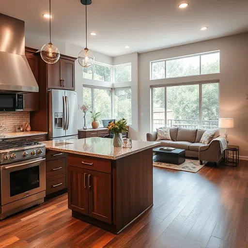 Modern kitchen remodel in Richland Hills TX featuring sleek appliances, granite island, dark wood cabinetry, and airy living space.