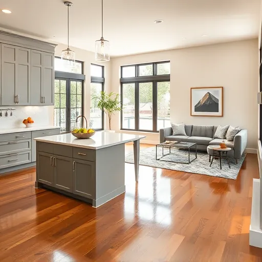 Renovated kitchen in Northlake TX features gray cabinetry, quartz island, hardwood floors, and inviting decor.