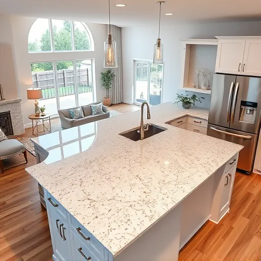 Modern kitchen with polished quartz island, dark wood cabinets, natural light, high-end appliances, and open-concept design in Fort Worth