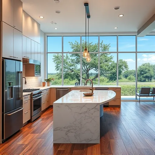 Newly remodeled kitchen in Richland Hills TX with sleek cabinetry, high-end appliances, and a polished marble island.
