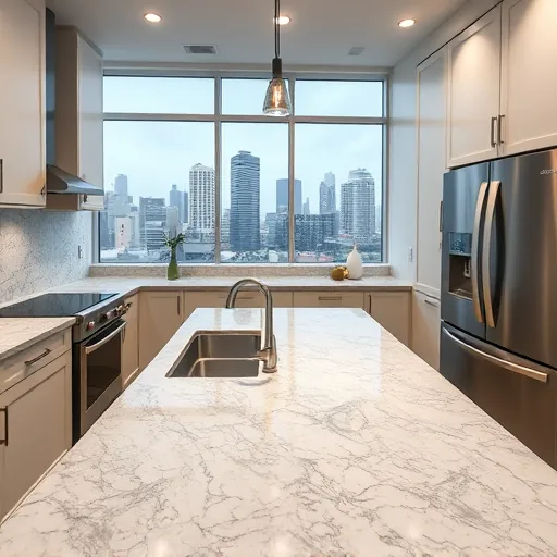 High-end kitchen island with quartz countertops, warm wood cabinets, stainless appliances, and polished hardwood flooring.