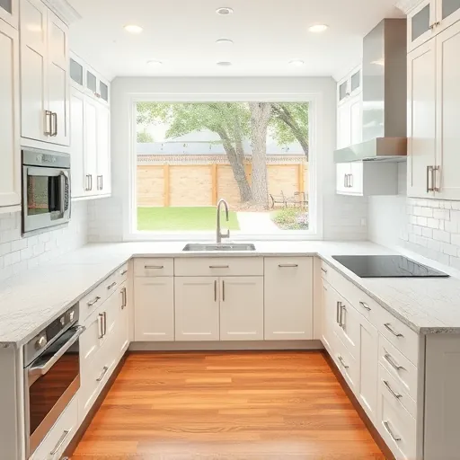 Renovated kitchen in White Settlement TX featuring white cabinetry, granite counters, stainless steel appliances and large windows