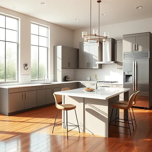 Modern kitchen in Colleyville TX featuring sleek cabinetry, stainless appliances, quartz island, and warm hardwood floors.