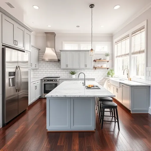 Modern kitchen remodel in White Settlement TX features stainless steel appliances, granite island, and elegant cabinetry.