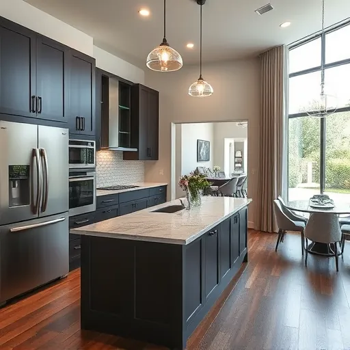 Renovated Euless TX modern kitchen with black hardware, marble island, stainless appliances, natural light, and stylish decor