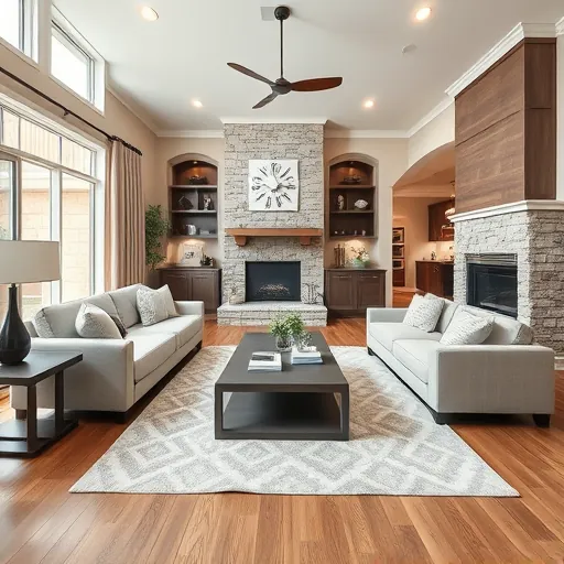 Inviting living room in Colleyville TX with modern furnishings, soft beiges, elegant wooden accents, and stone fireplace.