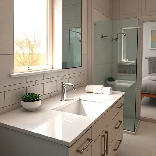 Elegant modern bathroom vanity in Fort Worth with marble countertops, sleek cabinetry, geometric tiled wall, and natural lighting