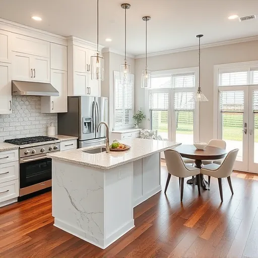 Beautiful renovated Crowley TX kitchen with granite countertops, stainless steel appliances, custom white cabinets, and hardwood floors
