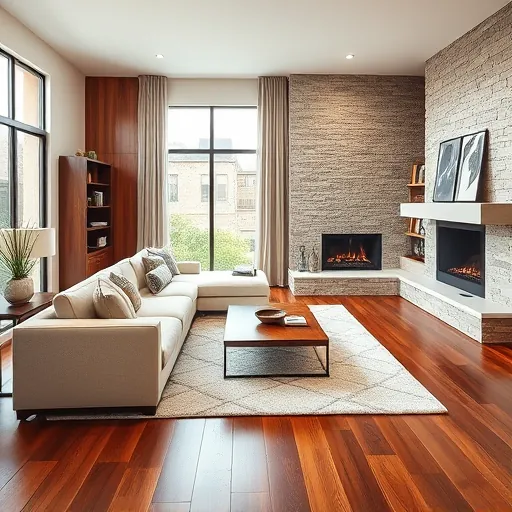 Elegant modern living room in Forest Hill TX with light sofa, wood paneling, fireplace, and curated decor.