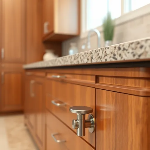 Close-up of a freshly painted modern kitchen cabinet with vibrant color, smooth finish, stainless steel appliances, and granite countertops