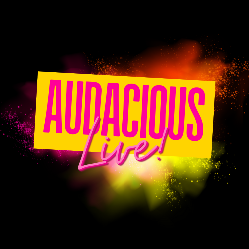 Audacious Live — neon pink logo on yellow