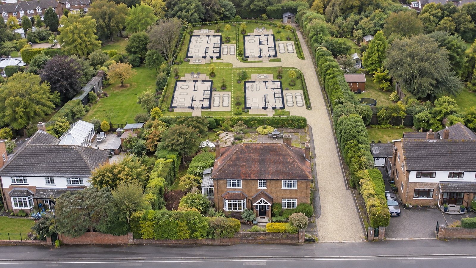 The same garden with four new homes laid out on it
