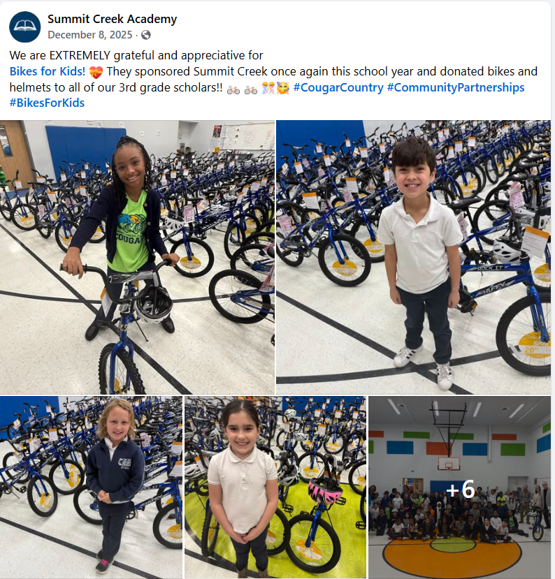 Smiling Summit Creek Academy students are appreciative of their new bikes Smiling Summit Creek Academy students are appreciative of their new bikes