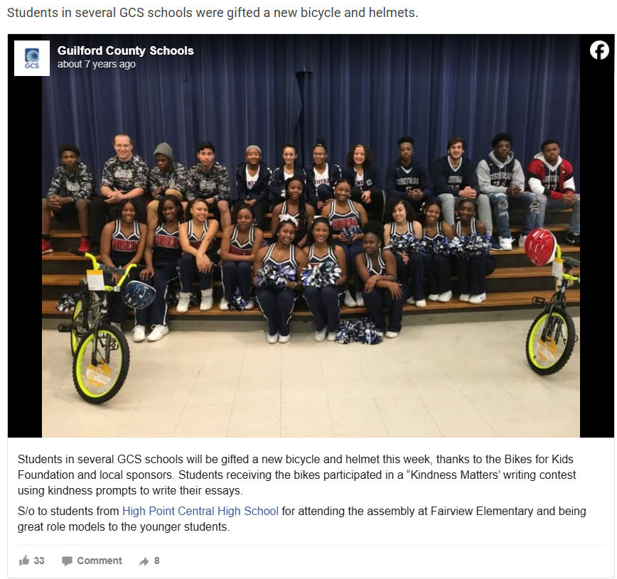 Several GCS Schools Gifted New Bikes and Helmets