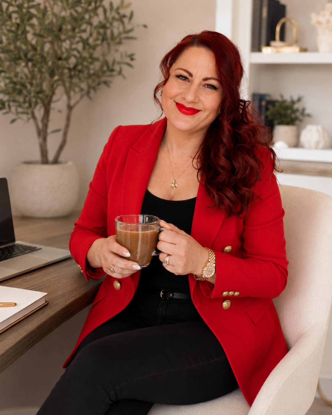 Suzi Mosley-Payne wearing a red blazer, drinking a cup of coffee.