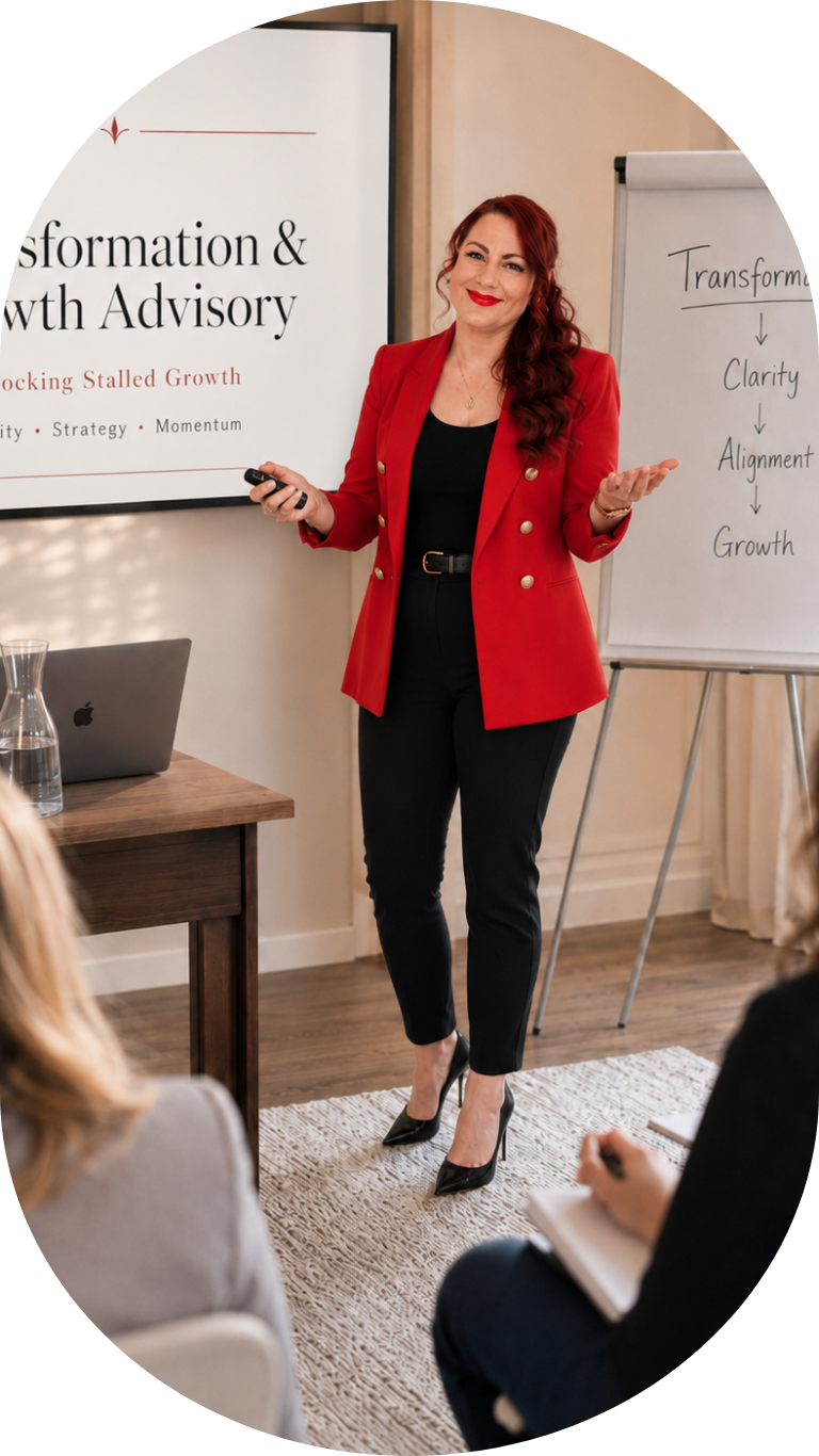 Suzi Mosley-Payne wearing a red blazer, presenting to people..