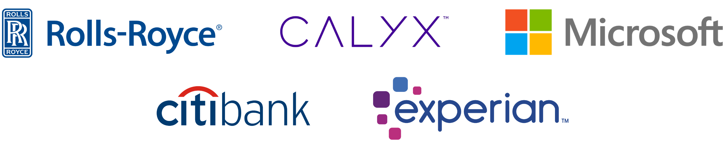logos for Rolls Royce, Calyx, Microsoft, Citibank, Experian