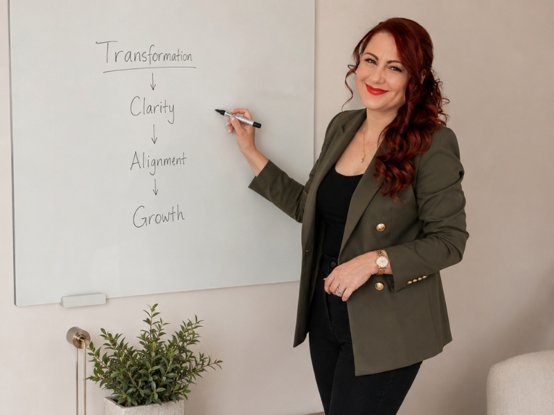 Suzi Mosley-Payne wearing a green blazer, smiling and writing on a whiteboard