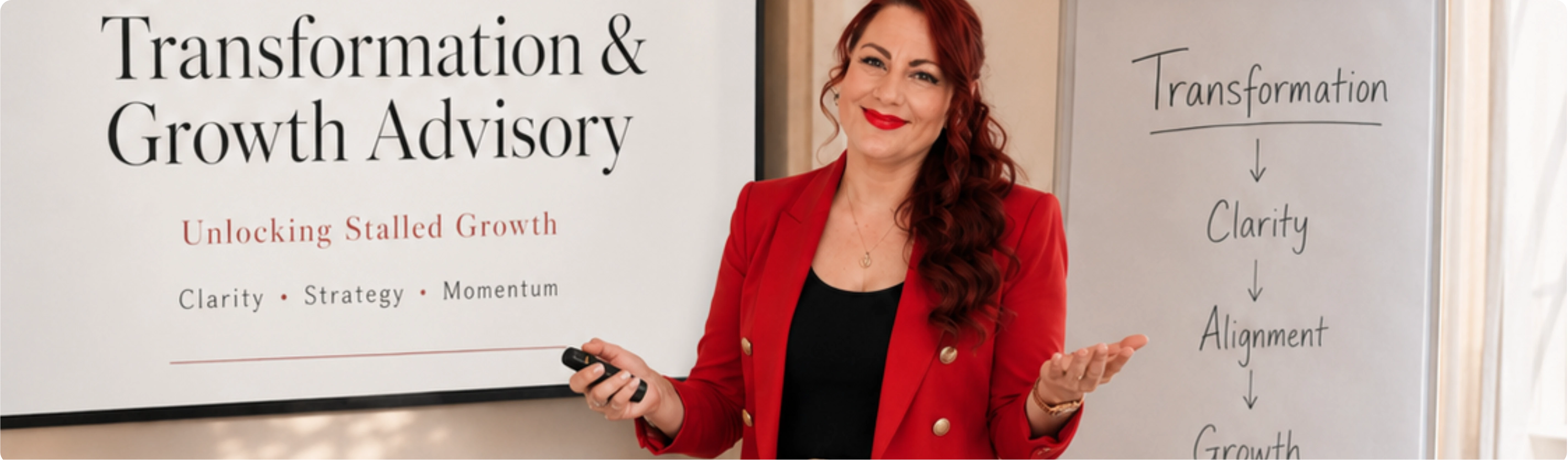 Suzi Mosley-Payne wearing a red blazer, presenting