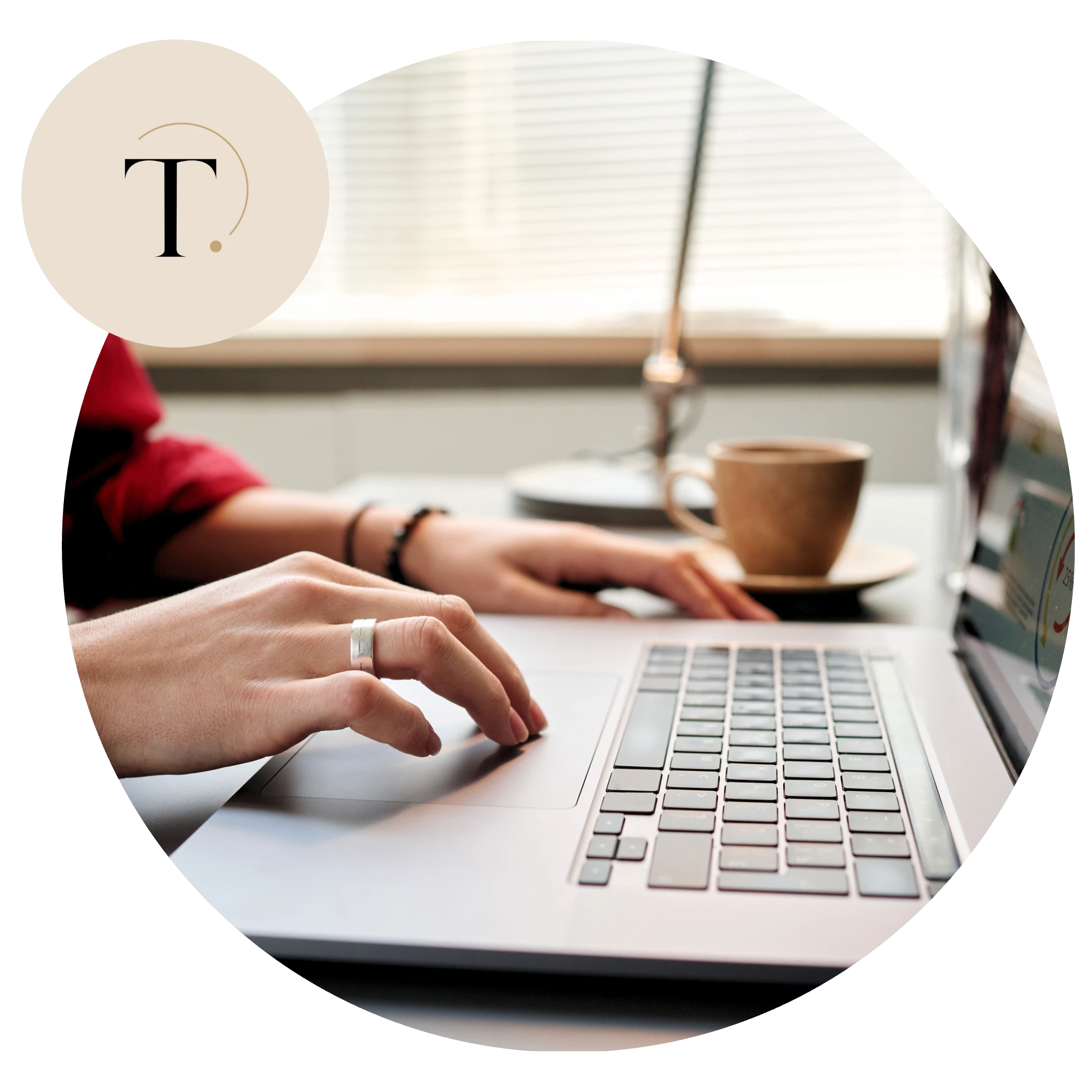 Graphic containing the business logo and an image of a woman in red, typing on a laptop