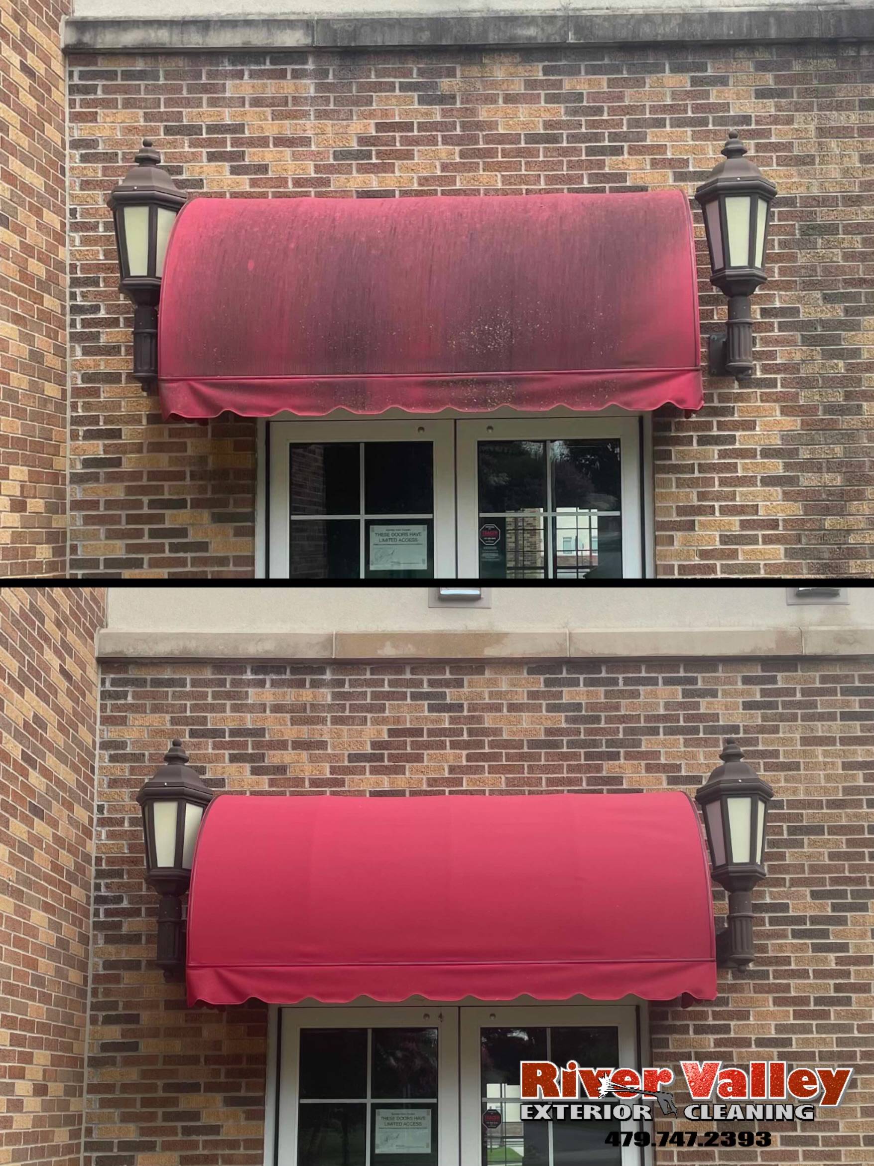 Before and after of a red commercial awning: grimy above, clean and bright below